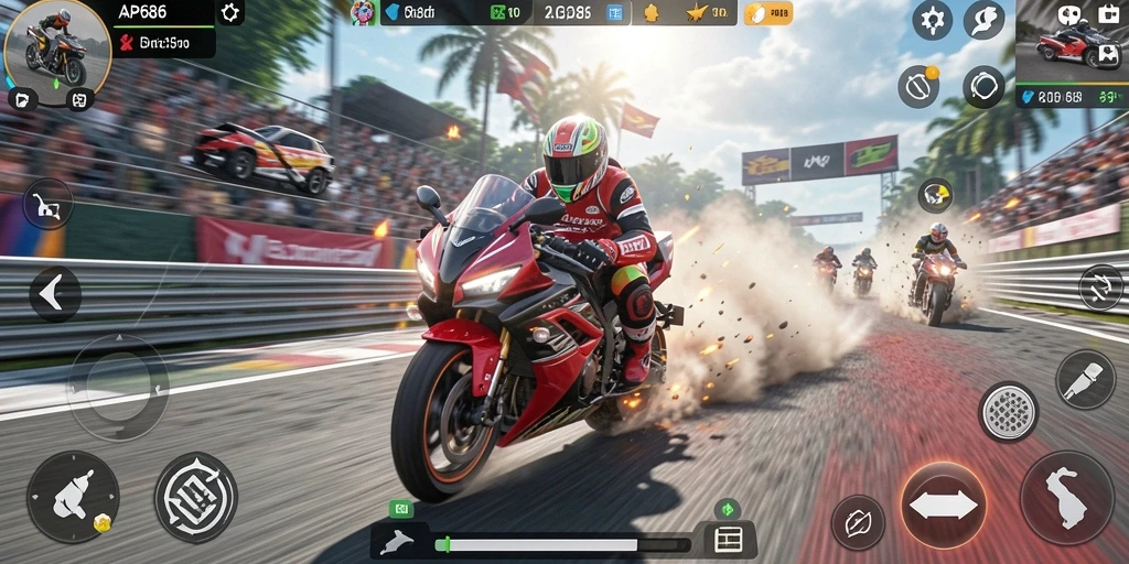 Screenshot menunjukkan aksi balapan motor yang mendebarkan.