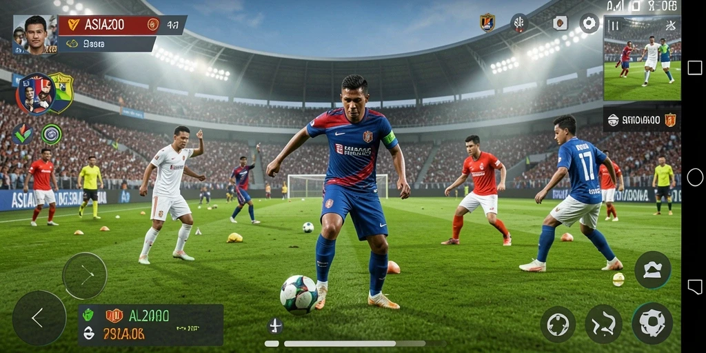 Screenshot ASIA200 menunjukkan aksi mendebarkan di lapangan sepak bola.