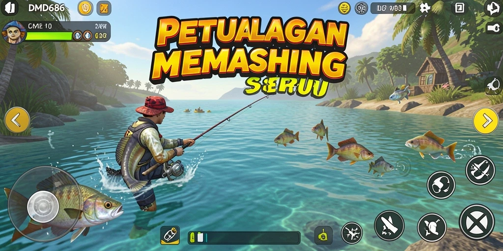 Tampilan gameplay DMD686 yang menegangkan saat memancing ikan besar.